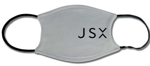 JSX logo in black on gray face mask