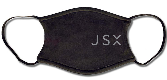 JSX logo in gray on black face mask
