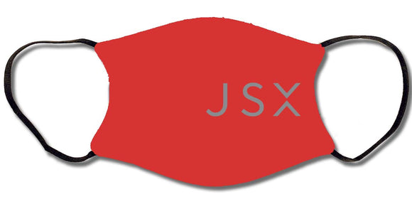 JSX logo in gray on red face mask