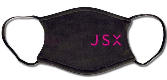 JSX logo in pink on black face mask