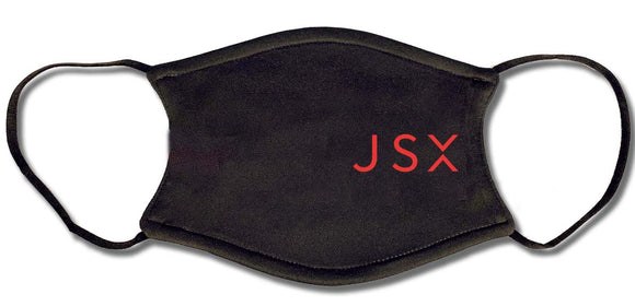 JSX logo in red on black face mask