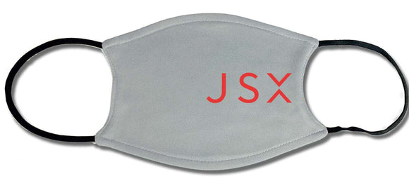JSX logo in red on gray face mask