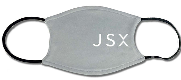JSX logo in white on gray face mask